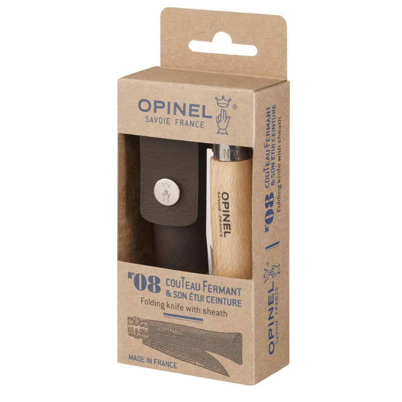 Kišeninis peilis su dėklu Opinel Stainless Nr.8 Buko rankena Kišeninis peilis su dėklu Opinel Stainless Nr.8 Buko rankena